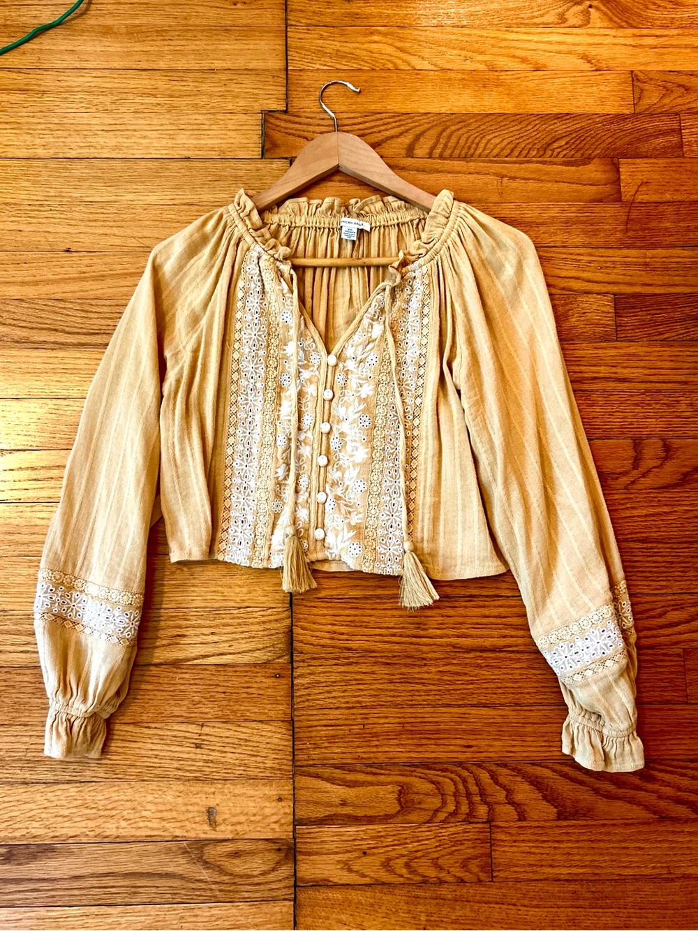 American Eagle Mustard Embroidered Peasant Blouse Yellow & White XS